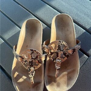 Tory Burch Brown Snake-Print Logo Thong Sandals